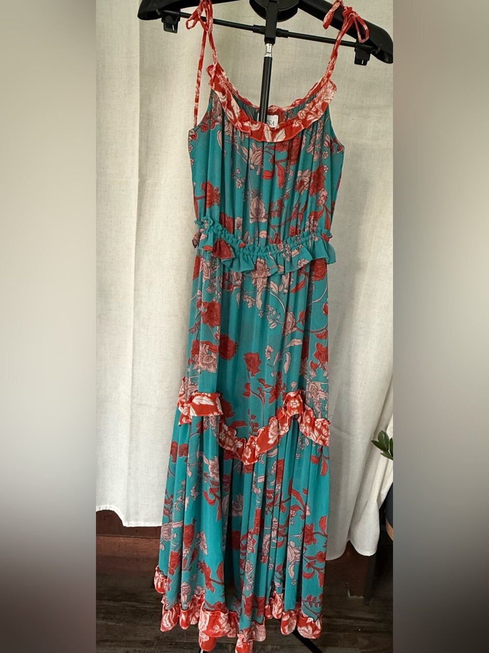 Misa Los Angeles Teal Maxi Dress with Red Floral Print